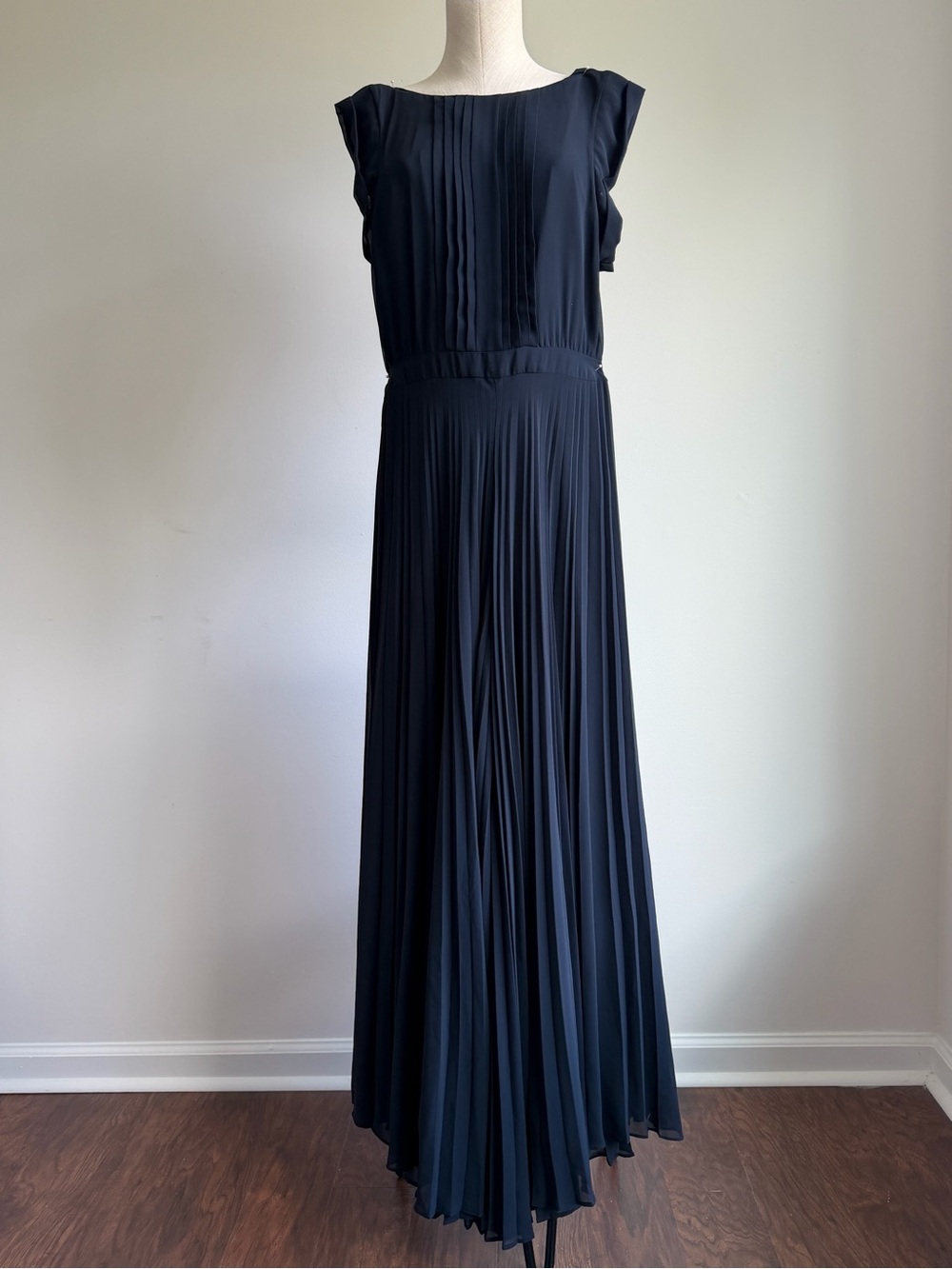 Navy Pleated Cap-Sleeve Maxi Pantsuit